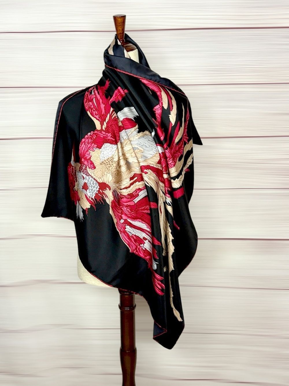 DA MAREN Silk Scarf Phoenix Fantasy Bird Black Pink Fuchsia Beige Hand Rolled - Picture 4 of 9